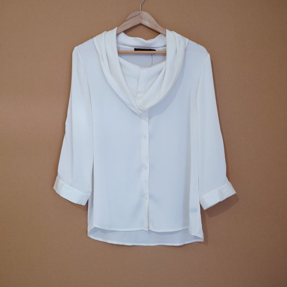 The Limited Tops - The Limited Cowl Neck Button Down Top White Large